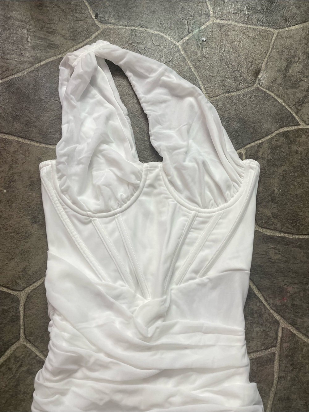 White Ruched Halter Mini Dress - Picture 2 of 7